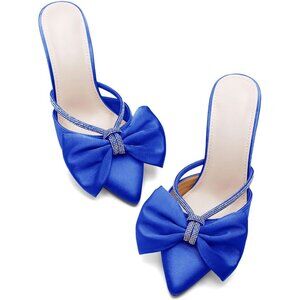 Blue Satin Bow Heels Womens Pointed Rhinestone Closed Toe Sandals Wedding Shoes